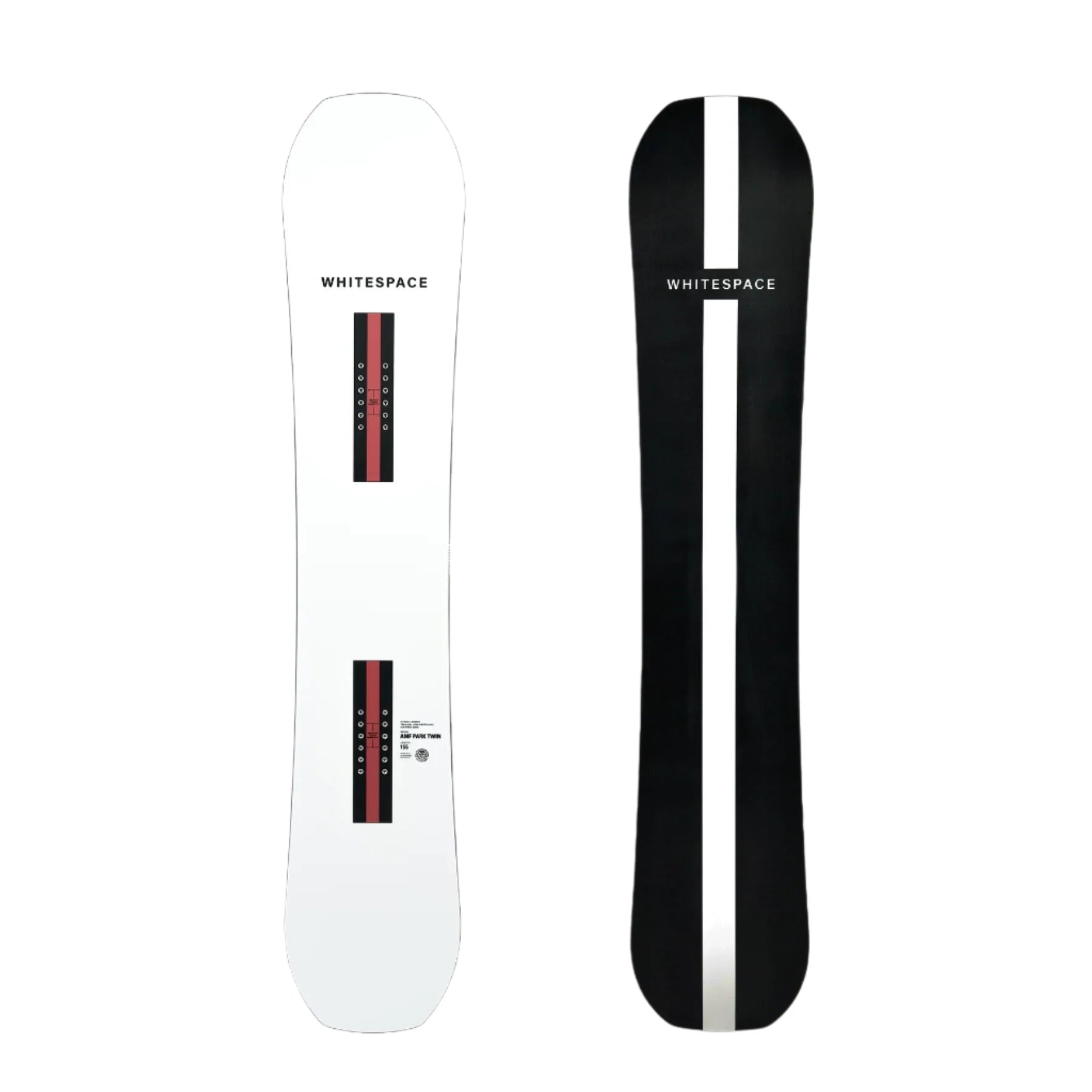 Whitespace AMF Park Twin Snowboard 2024 - A white snowboard with a red stripe down the middle and black bindings.