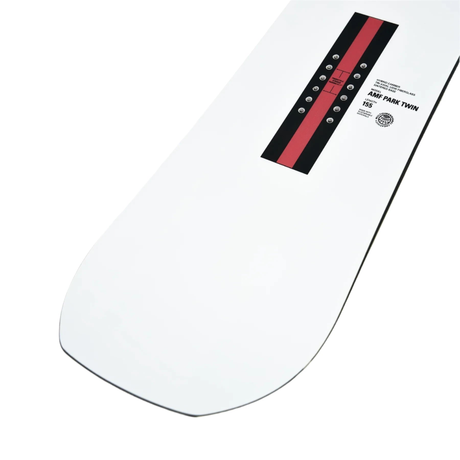 Whitespace AMF Park Twin Snowboard 2024 - A white snowboard with a red stripe down the middle and silver screws.