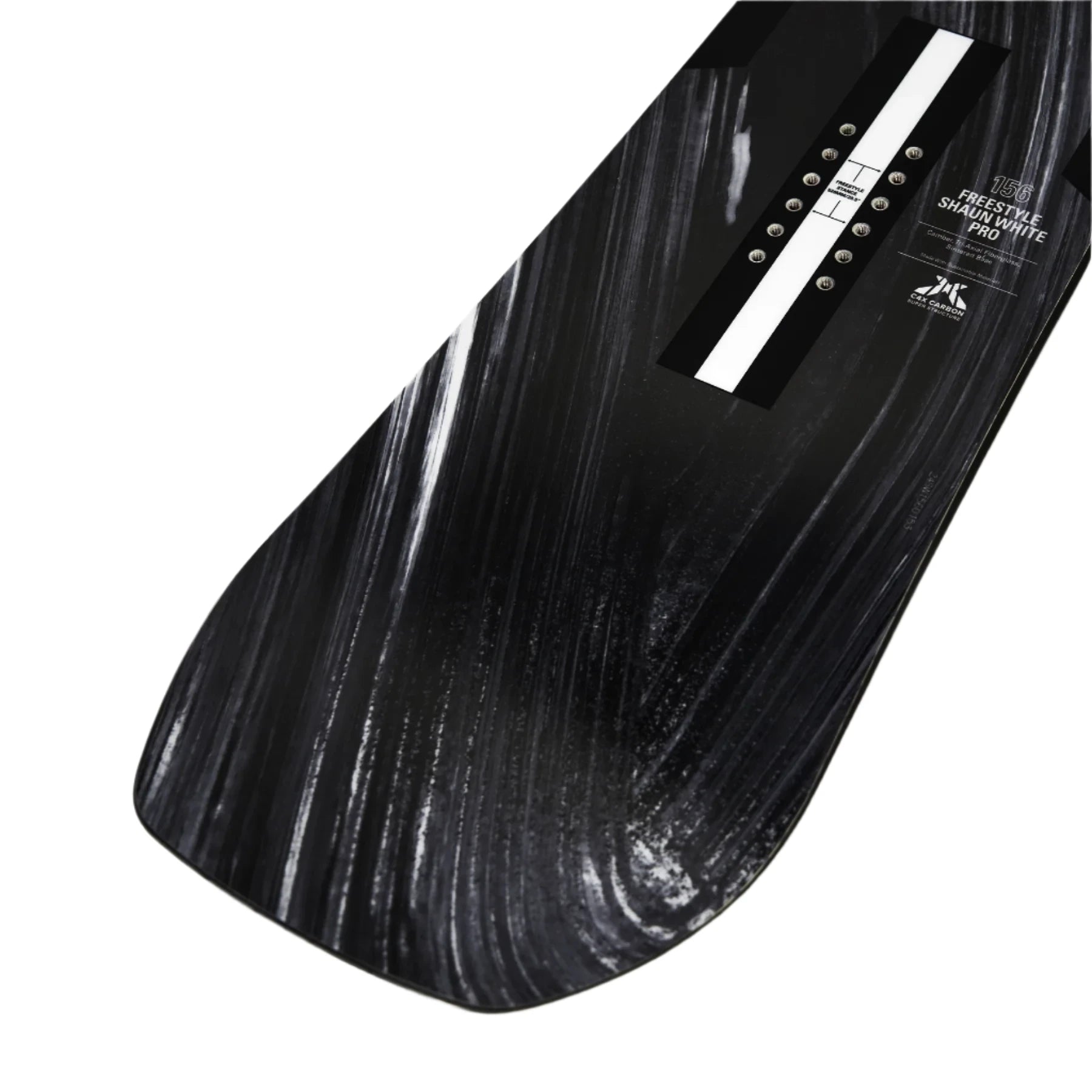 Whitespace Freestyle Shaun White Pro Snowboard 2024 - A black snowboard with a white stripe down the middle and silver screws.
