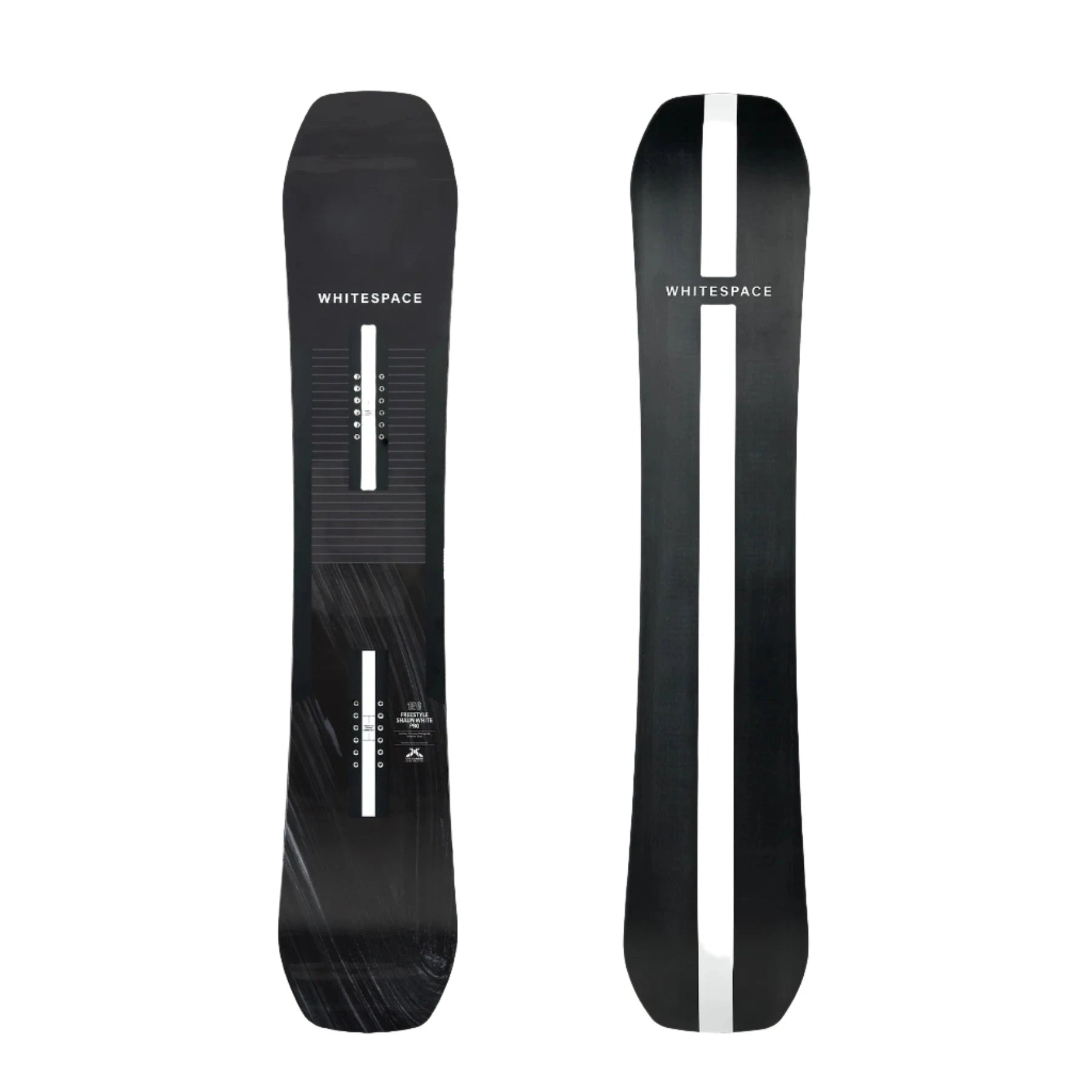 Whitespace Freestyle Shaun White Pro Limited Edition Snowboard 2024 - A black snowboard with a white stripe down the middle and a small white logo on top.