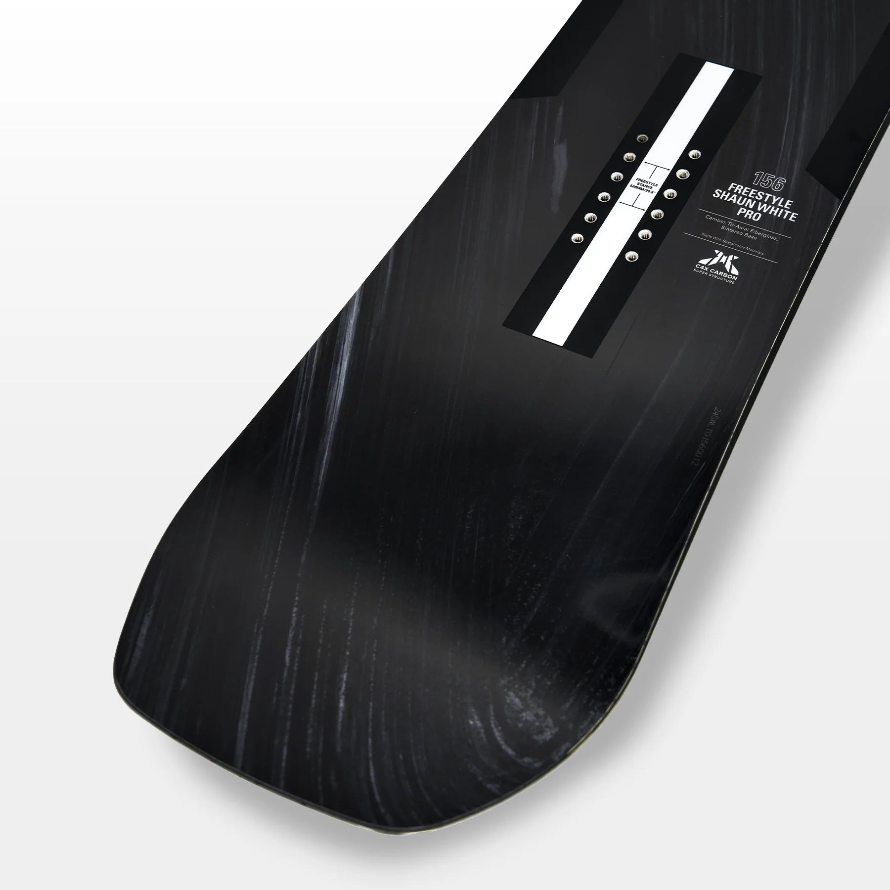Whitespace Freestyle Shaun White Pro Limited Edition Snowboard 2024 - A black snowboard with a white stripe down the middle and silver screws.