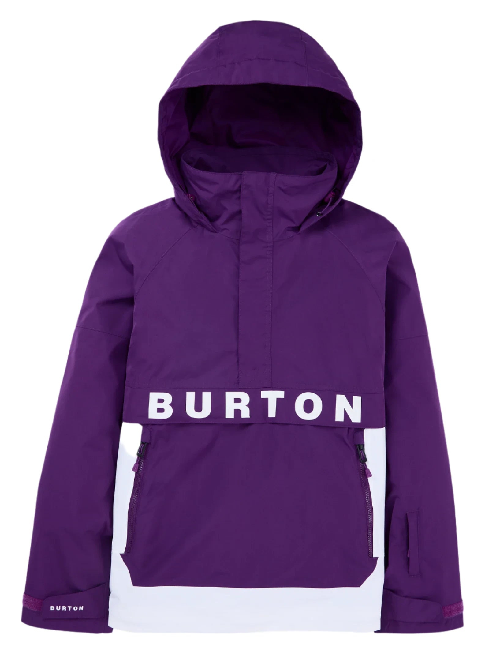 Burton Women's Frosnter Anorak Jacket 2025 - A purple jacket with a hood, featuring a white logo on the chest and a zippered pocket on the side.