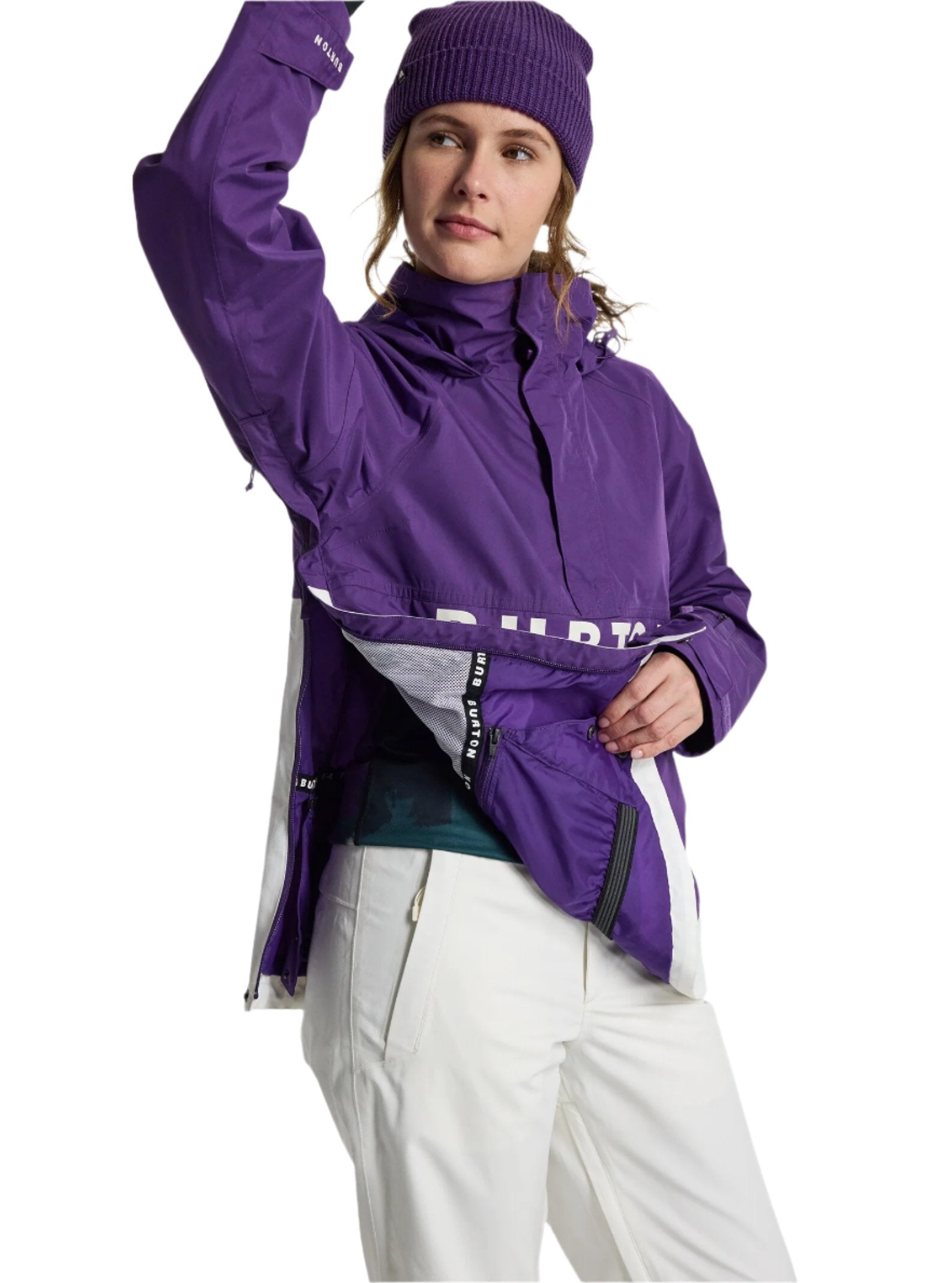 Burton Women's Frosnter Anorak Jacket 2025 - A purple jacket with a high collar and zippered pockets, featuring white lettering on the front.