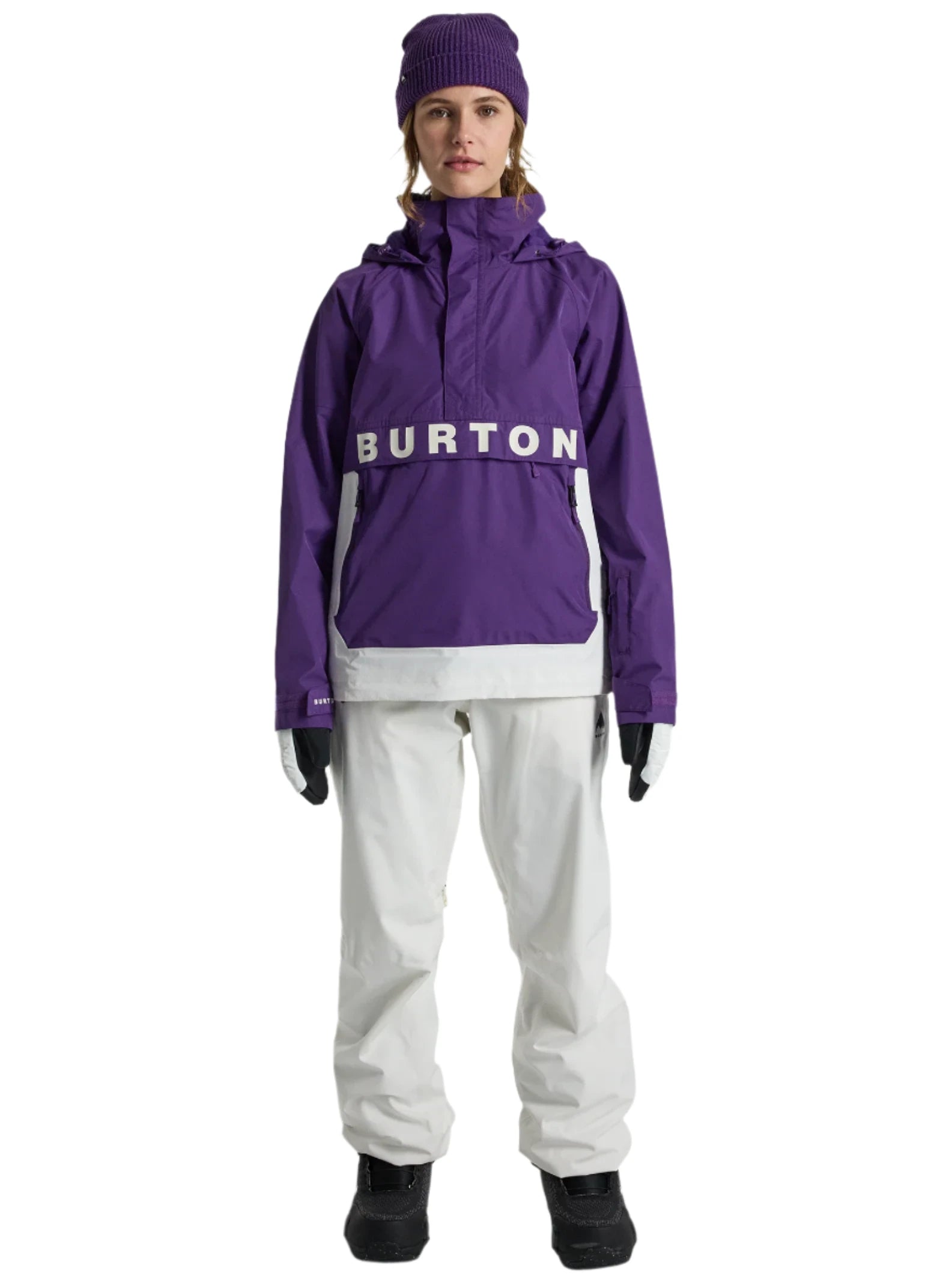 Burton Women's Frosnter Anorak Jacket 2025 - A purple jacket with a hood and white lettering that reads "BURTON" across the front.