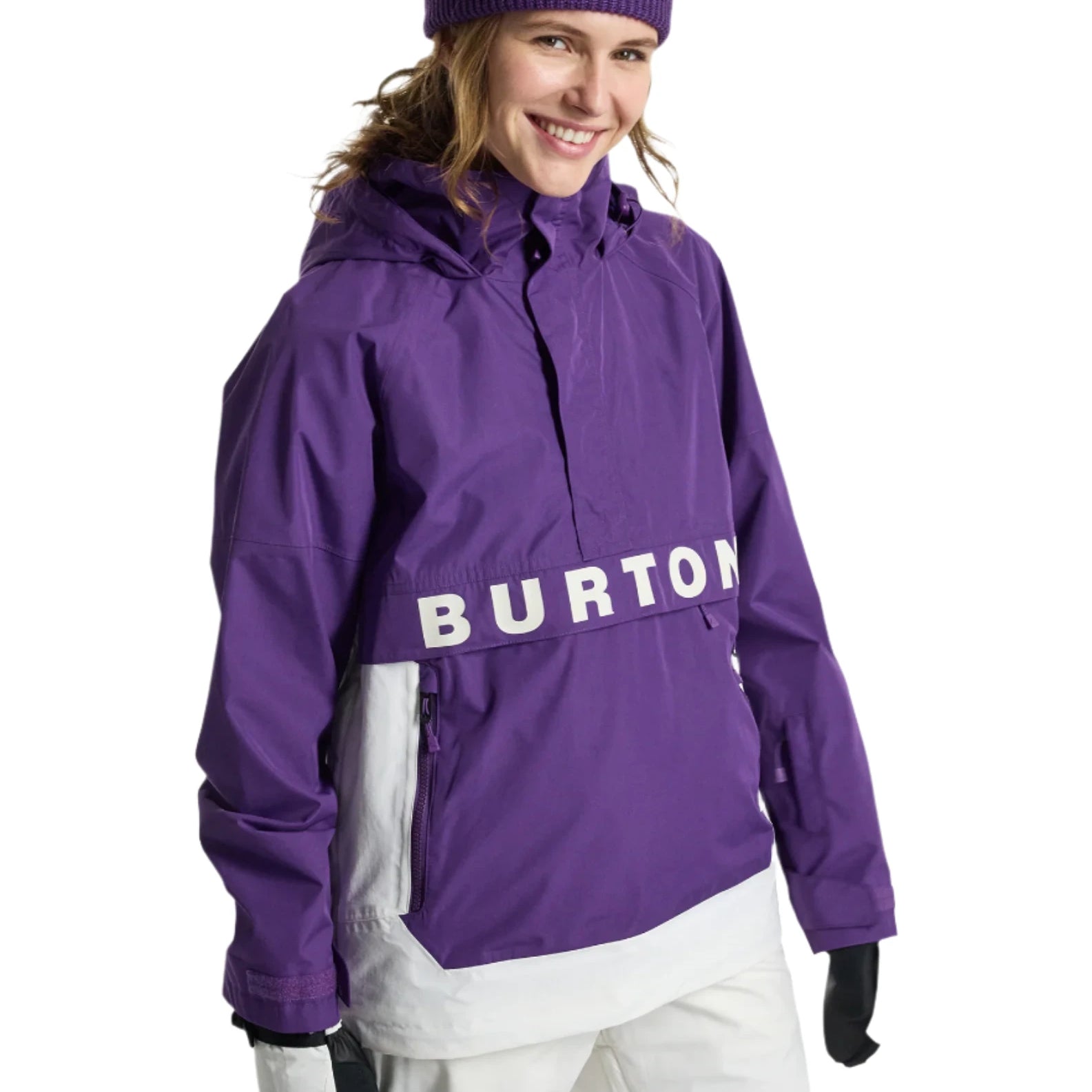 Burton Women's Frosnter Anorak Jacket 2025 - A purple jacket with a hood and white lettering on the front.