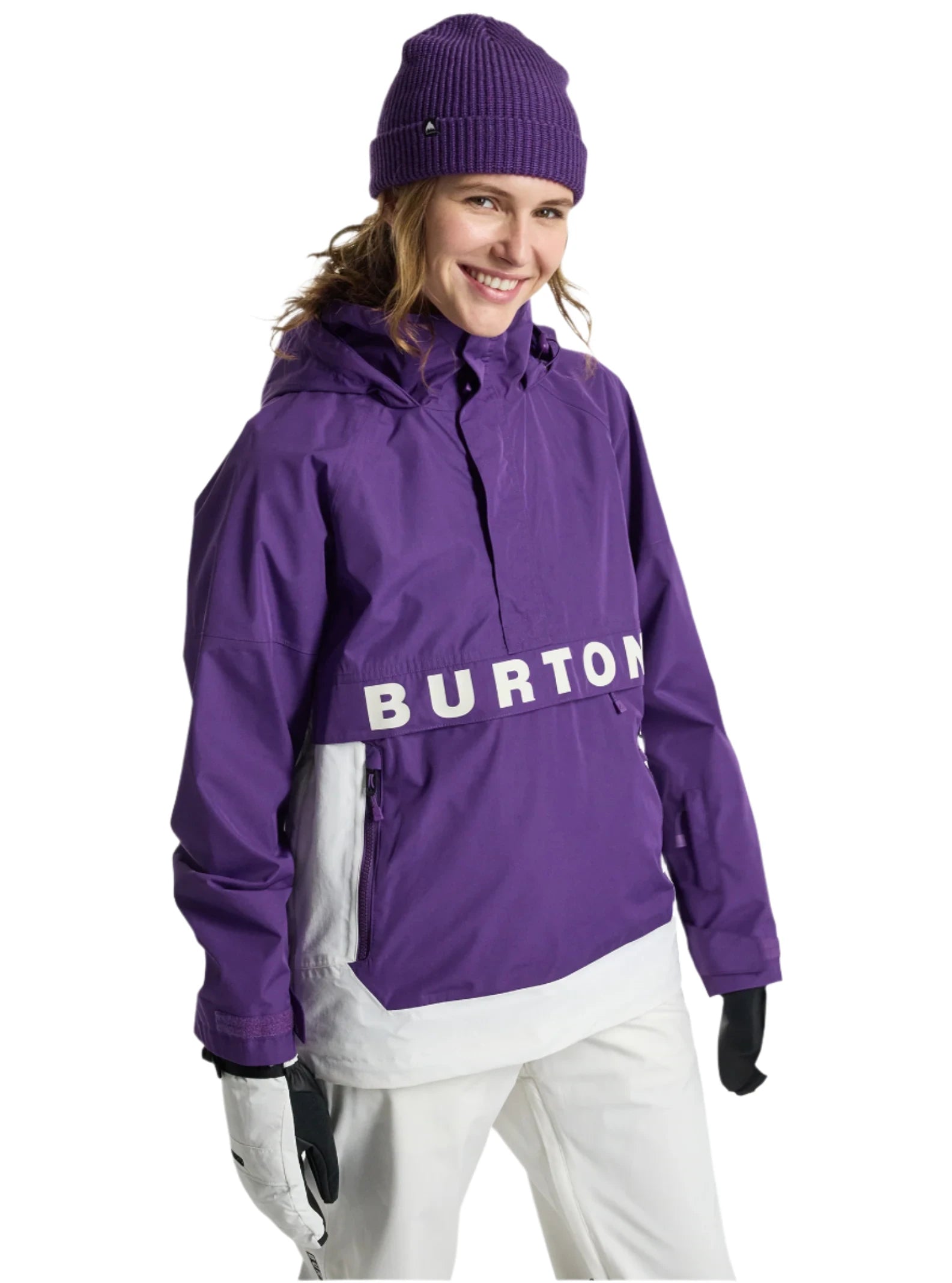 Burton Women's Frosnter Anorak Jacket 2025 - A purple jacket with a hood and white lettering on the front.