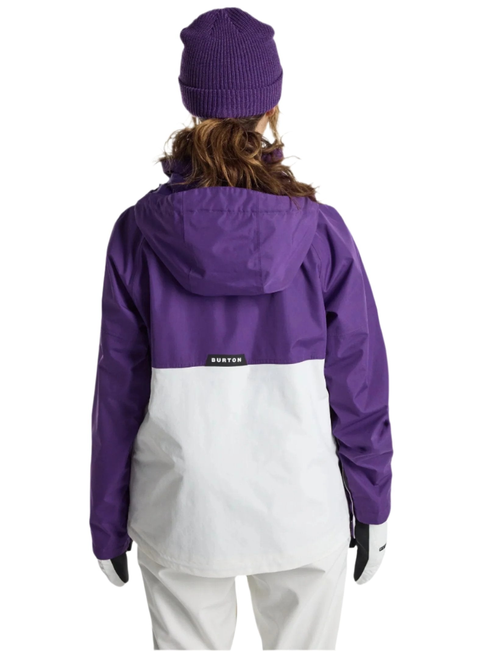 Burton Women's Frosnter Anorak Jacket 2025 - A purple and white anorak jacket with a hood, worn by a model from behind.