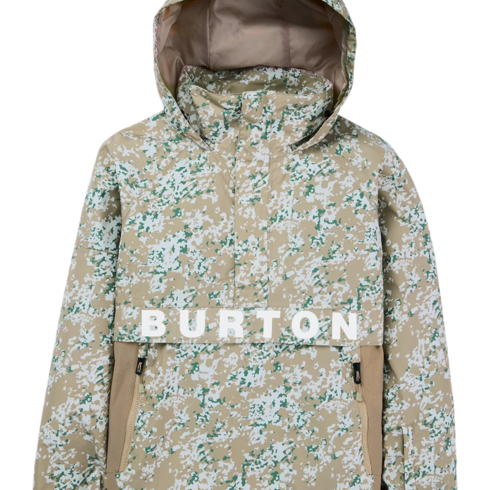 Burton Women's Frosnter Anorak Jacket 2025 - A tan jacket with a white and green snowflake pattern, featuring a hood and two zippered pockets.