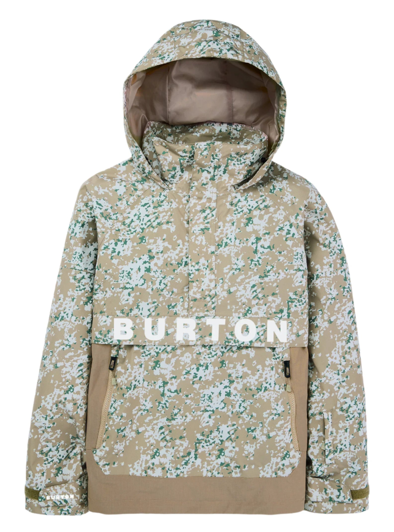 Burton Women's Frosnter Anorak Jacket 2025 - A tan jacket with a white and green snowflake pattern, featuring a hood and two zippered pockets.
