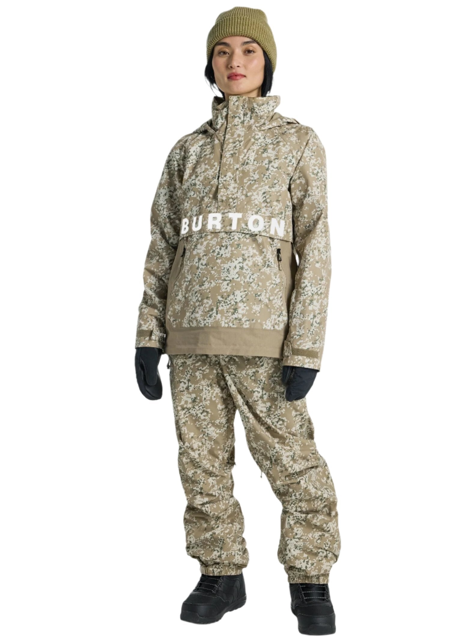 Burton Women's Frosnter Anorak Jacket 2025 - A tan jacket with a white floral pattern and a high collar, worn by a model.