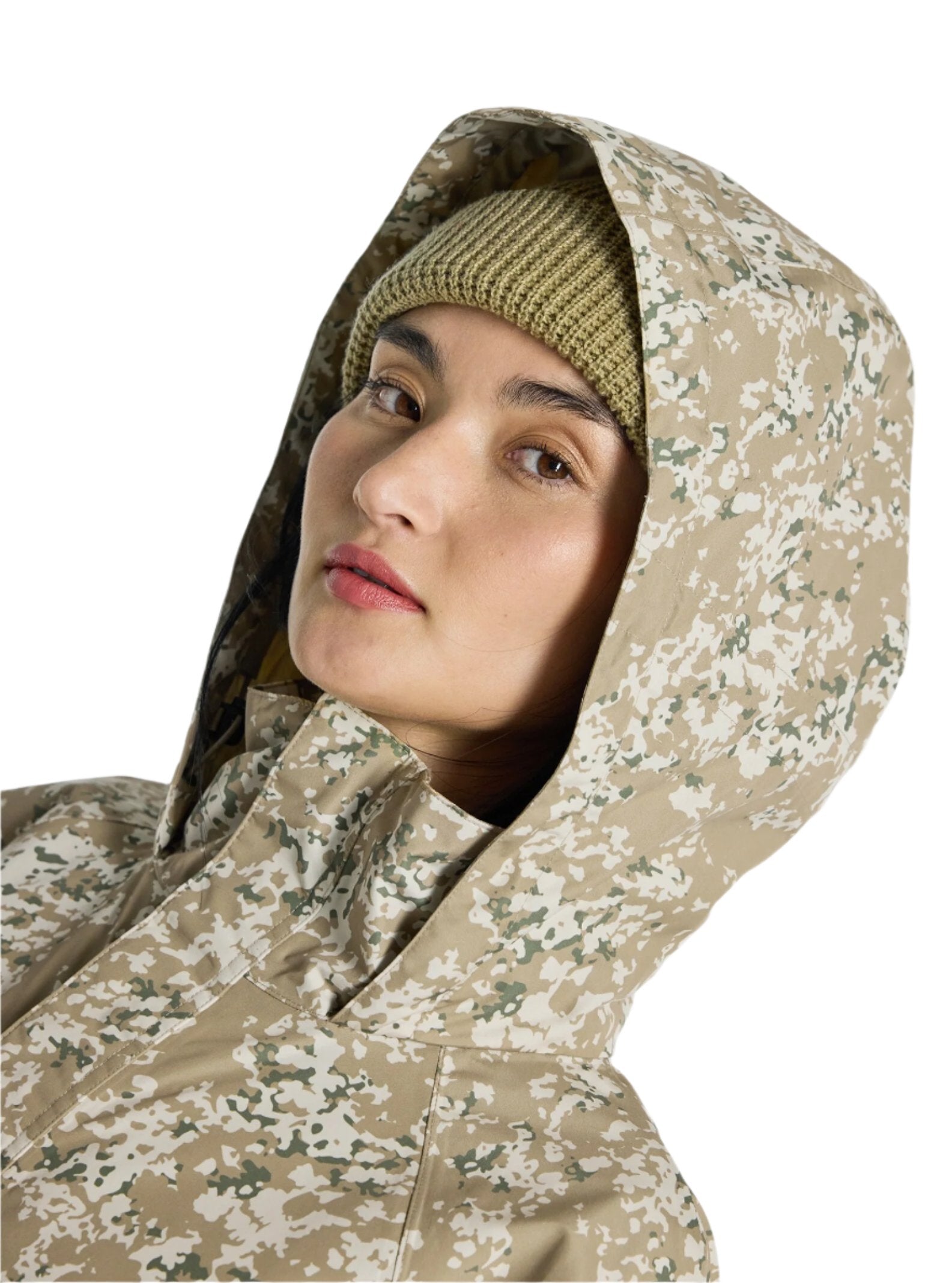Burton Women's Frosnter Anorak Jacket 2025 - A tan jacket with a white and green camouflage pattern, featuring a hood and a zipper down the front.