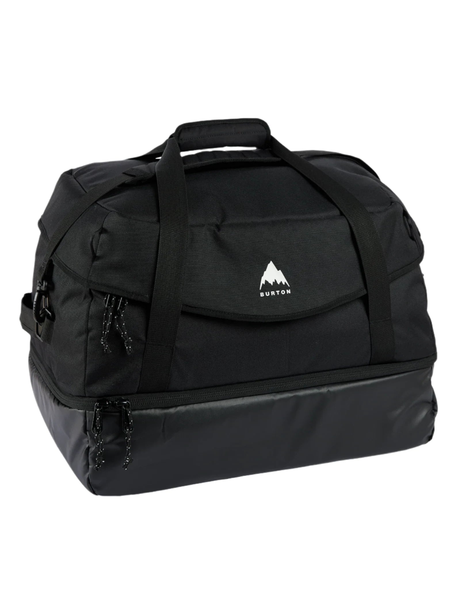Burton Gig 70L Duffel Bag 2025 - A black duffel bag with a white logo featuring a mountain peak and the word "BURTON" in small letters below it.