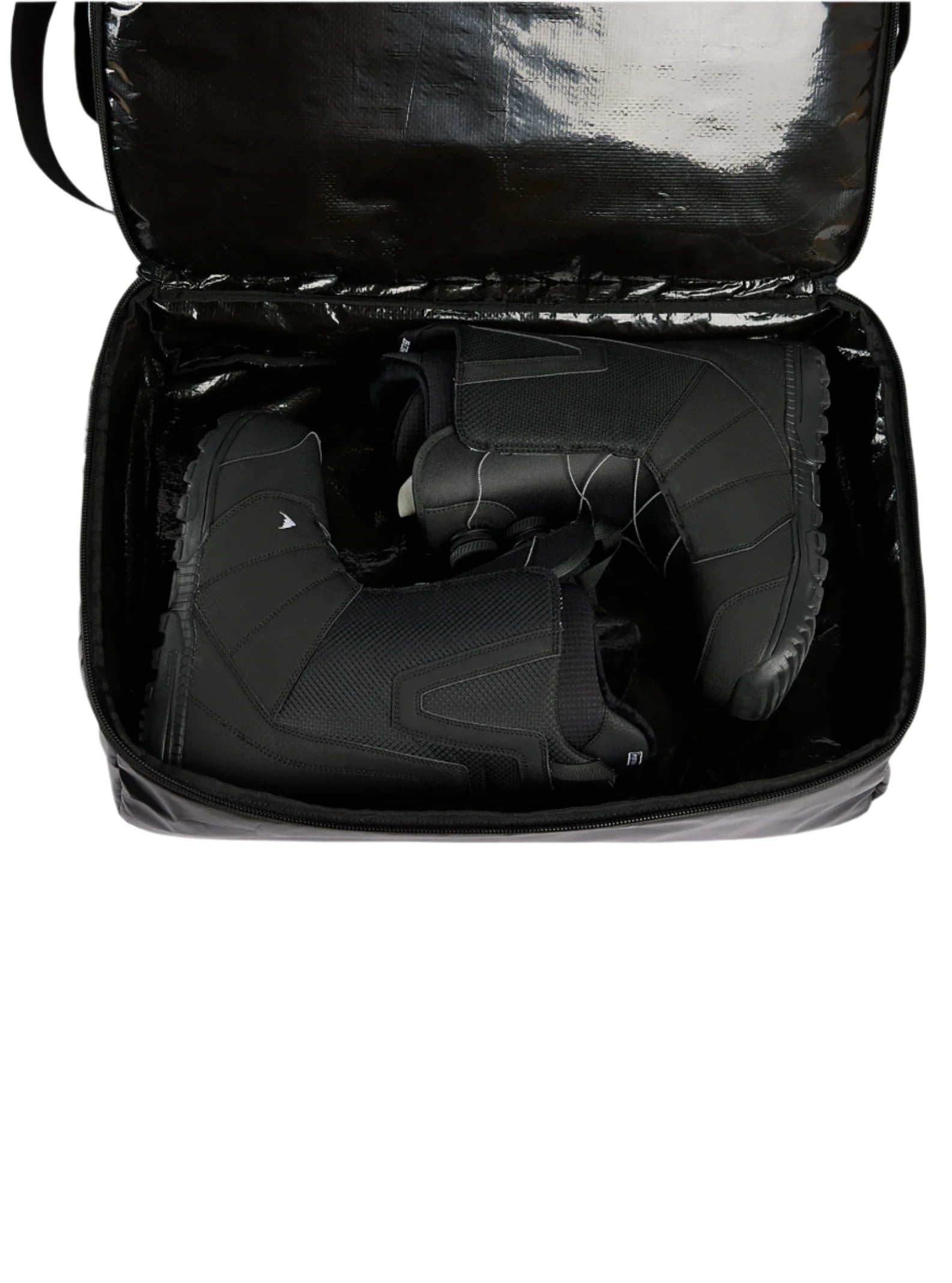 Burton Gig 70L Duffel Bag - A black duffel bag with a zippered top and two handles, featuring white stitching on the side.