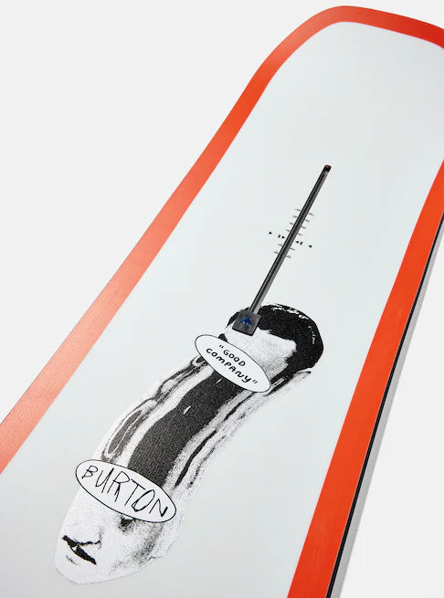 Burton Good Company B Grade Snowboard 2024 - A black-and-white image of a snowboard with an orange border, featuring a logo that reads "Good Company" in white letters on a black background.