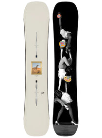 Burton Good Company Snowboard 2025 - A black snowboard with a gold-framed picture of a man riding a horse on its bottom side.