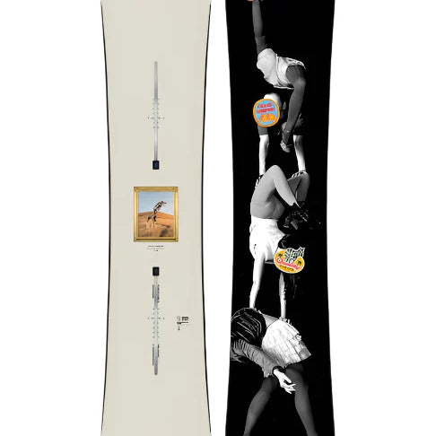 Burton Good Company Snowboard 2025 - A black snowboard with a gold-framed picture of a man riding a horse on its bottom side.