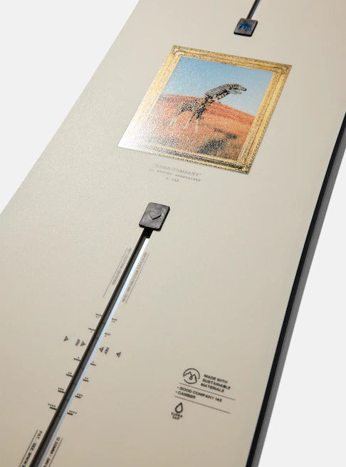 Burton Good Company Snowboard 2025 - A white snowboard with a black and red logo on top of it.