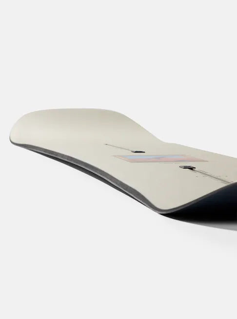 Burton Good Company Snowboard 2025 - A white snowboard with a blue and red logo on top, featuring a pink rectangle outline around it.