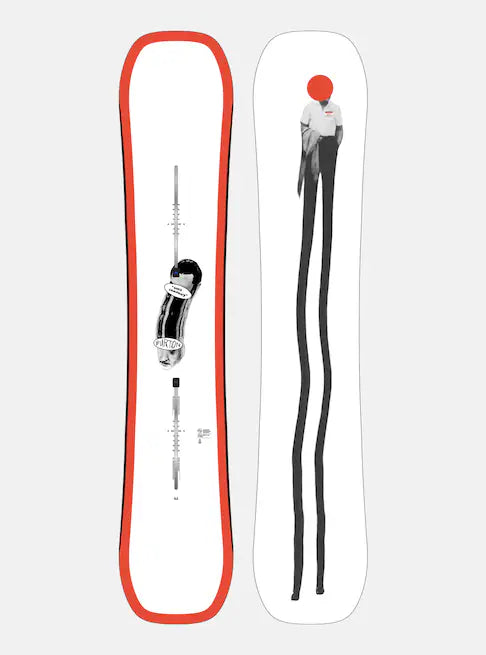 Burton Good Company B Grade Snowboard 2024 - White snowboard with a black and white graphic of a man's face on top, and a red stripe along the bottom edge.
