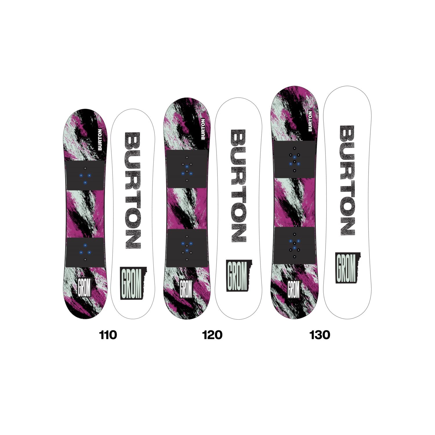 Burton Junior's Grom Snowboard 2025 - A purple, black and white snowboard with a diagonal pattern of abstract shapes.