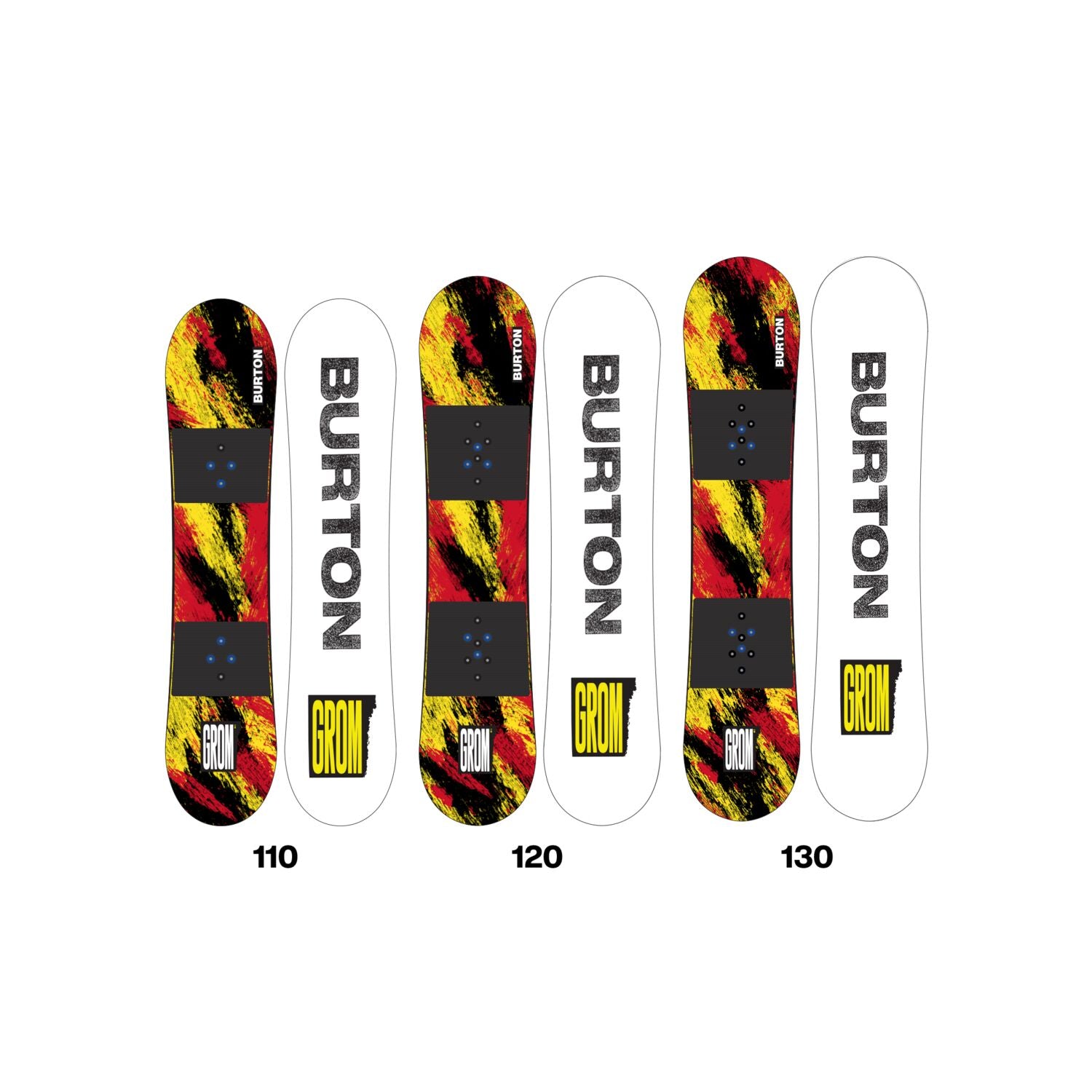 Burton Junior's Grom Snowboard 2025 - A snowboard with a red, yellow, and black abstract design on its top surface.