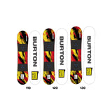 Burton Junior's Grom Snowboard 2025 - A snowboard with a red, yellow, and black abstract design on its top surface.
