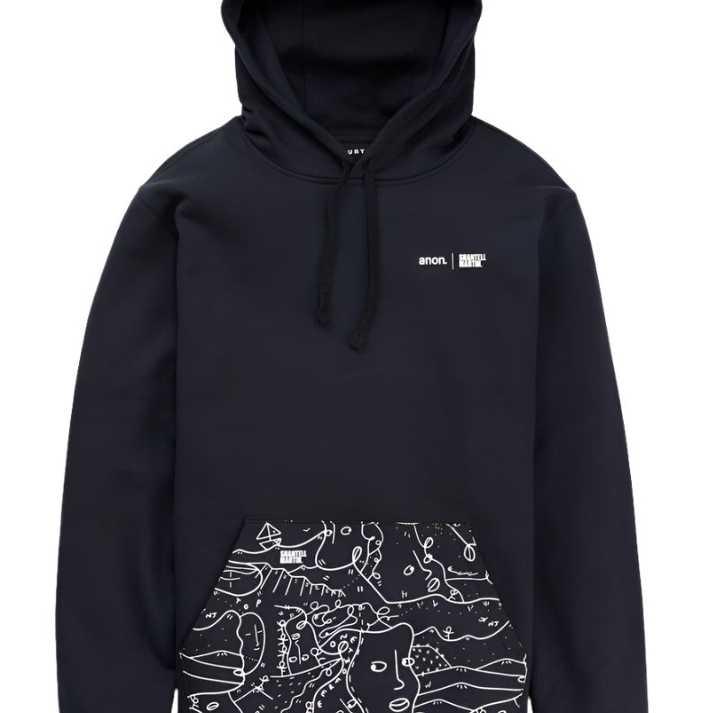 Anon Shantell Martin Pullover Hoodie - A black hoodie with a white line drawing of abstract faces and shapes on the front pocket area.