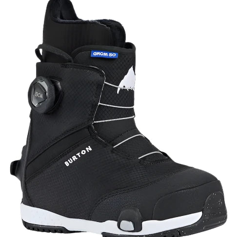 Burton Junior's Step On Snowboard Boot 2025 - Black snowboard boot with white accents and a blue "GROM 50" label on the ankle strap.