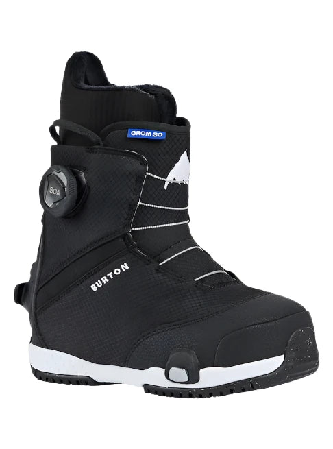 Burton Junior's Step On Snowboard Boot 2025 - Black snowboard boot with white accents and a blue "GROM 50" label on the ankle strap.