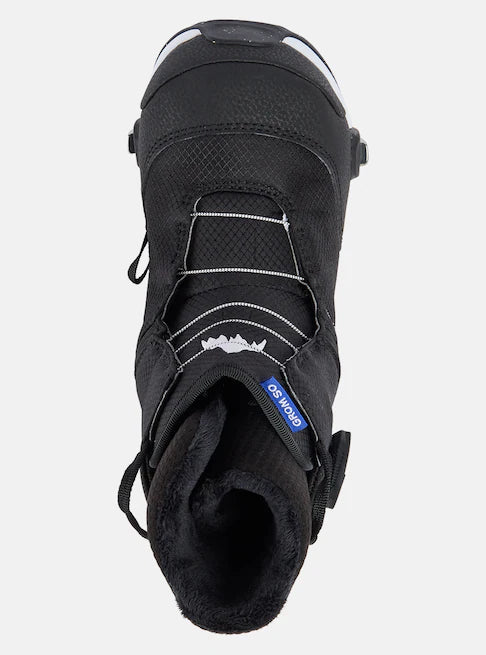 Burton Junior's Step On Snowboard Boot 2025 - Black snowboard boot with white stitching and a blue logo on the tongue.