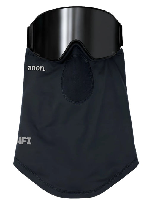 A black face mask integrated with a black ski goggle. The mask covers the lower face and neck, with a small mesh area over the mouth. The brand name "anon." is printed in white on the left side of the mask, and "MFI" is printed in white on the lower left.