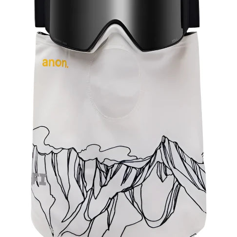 Anon MFI Lightweight Neckwarmer 2025 - A white neck warmer with a black line drawing of mountains and clouds on it.