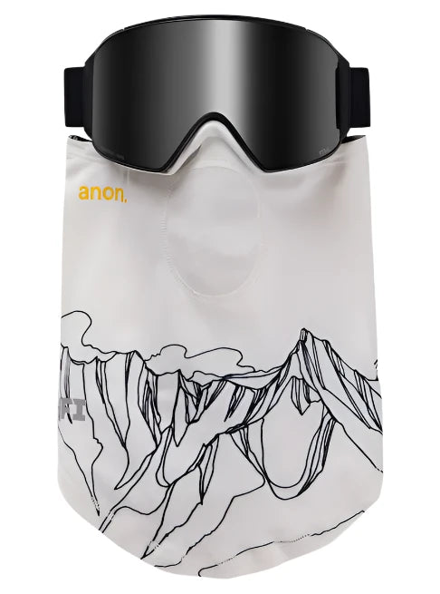 Anon MFI Lightweight Neckwarmer 2025 - A white neck warmer with a black line drawing of mountains and clouds on it.