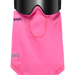 Anon MFI Lightweight Neckwarmer 2025 - A pink neck warmer with a black strap on the back and an oval cutout in front.