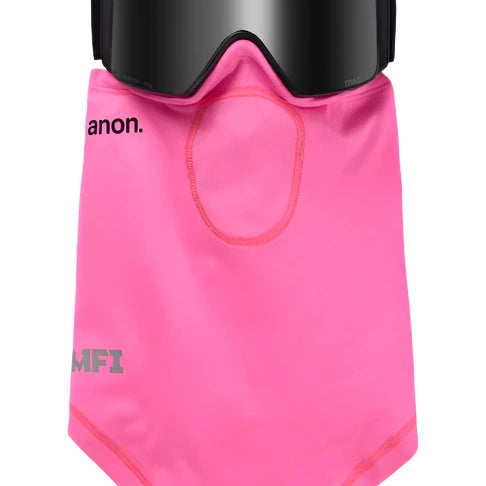 Anon MFI Lightweight Neckwarmer 2025 - A pink neck warmer with a black strap on the back and an oval cutout in front.