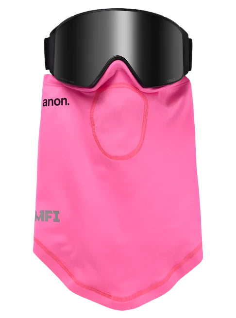 Anon MFI Lightweight Neckwarmer 2025 - A pink neck warmer with a black strap on the back and an oval cutout in front.