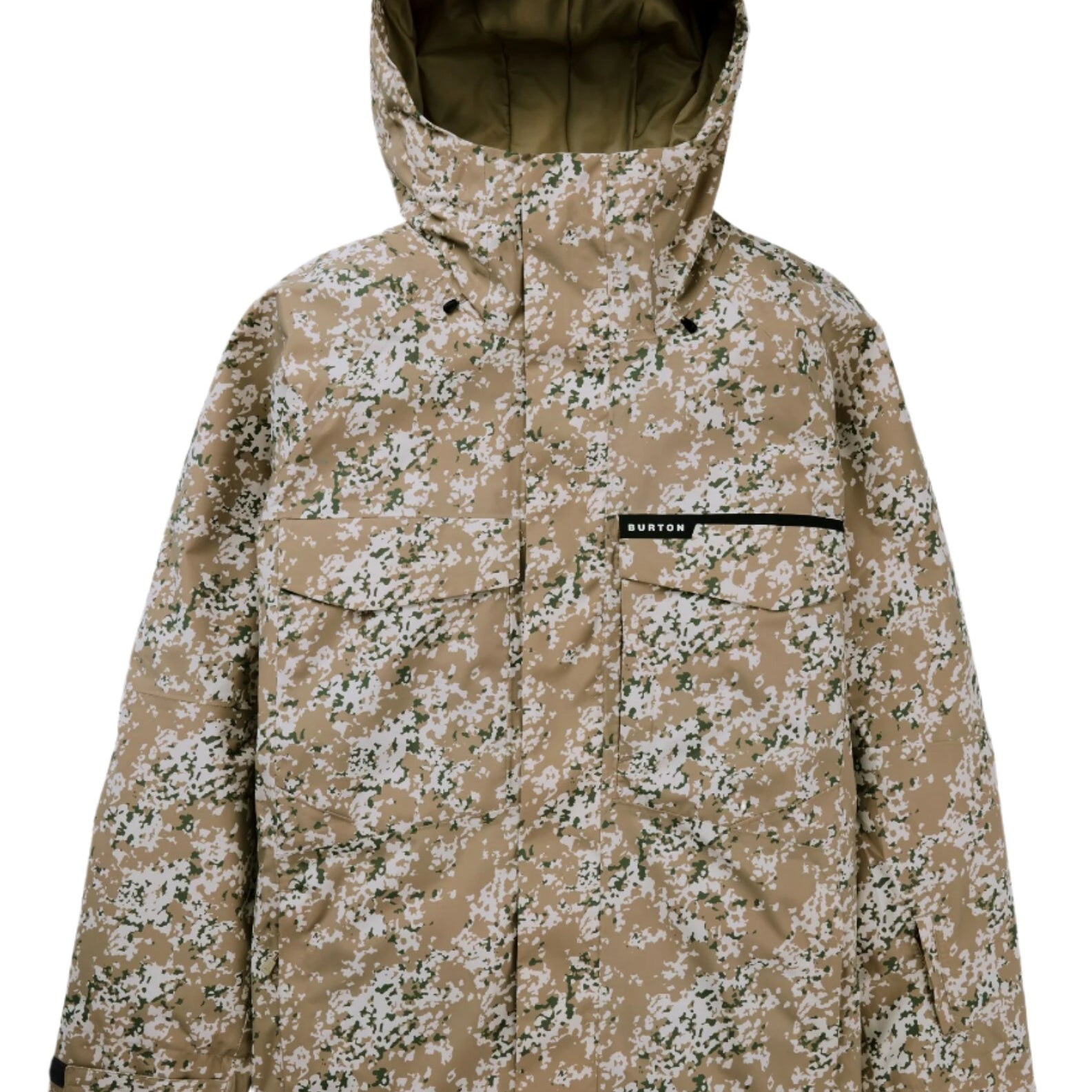 Burton Covert 2.0 2L Insulated Jacket 2025 - A tan jacket with a white and green snowflake pattern, featuring a hood and two chest pockets.