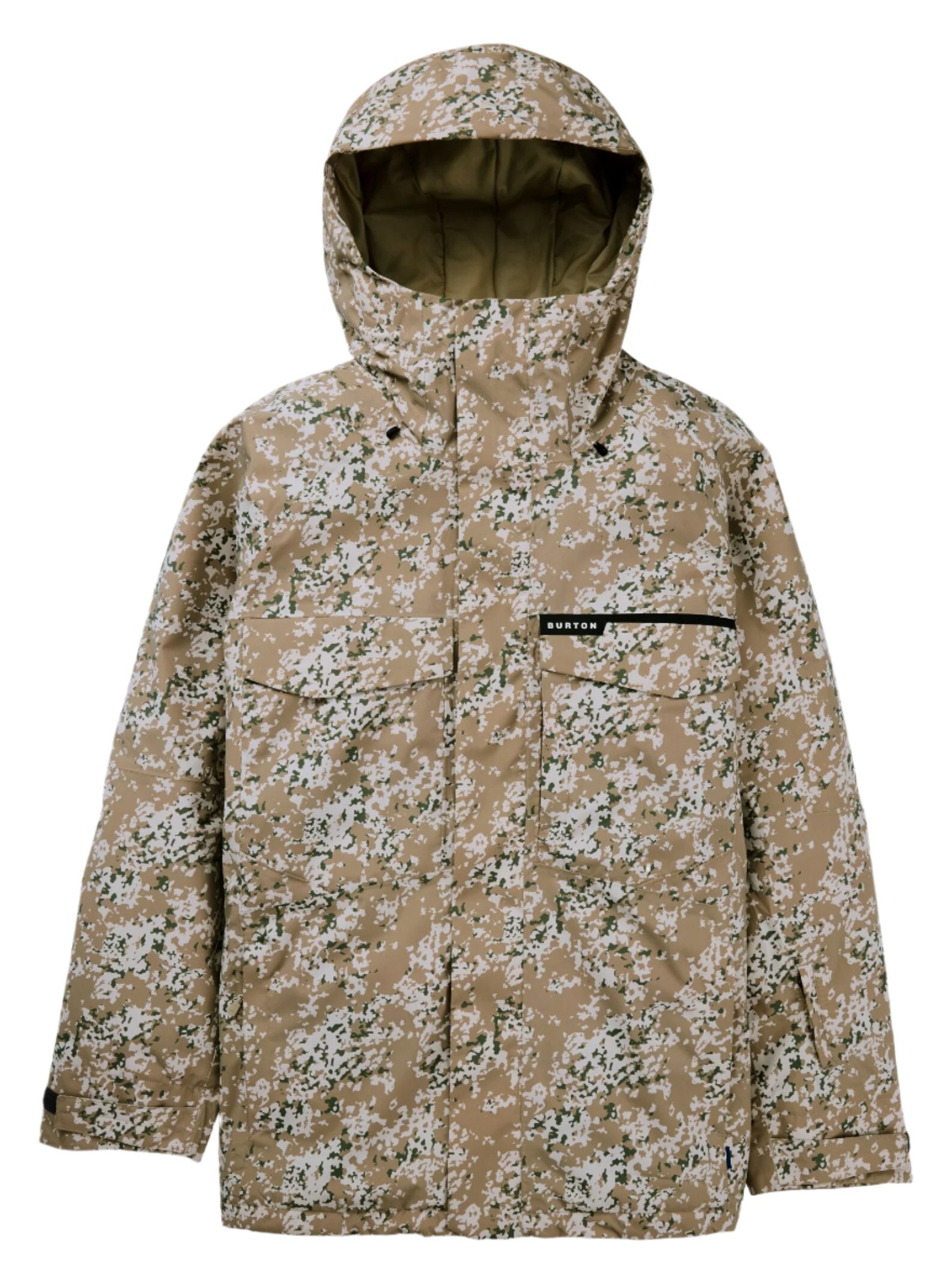 Burton Covert 2.0 2L Insulated Jacket 2025 - A tan jacket with a white and green snowflake pattern, featuring a hood and two chest pockets.