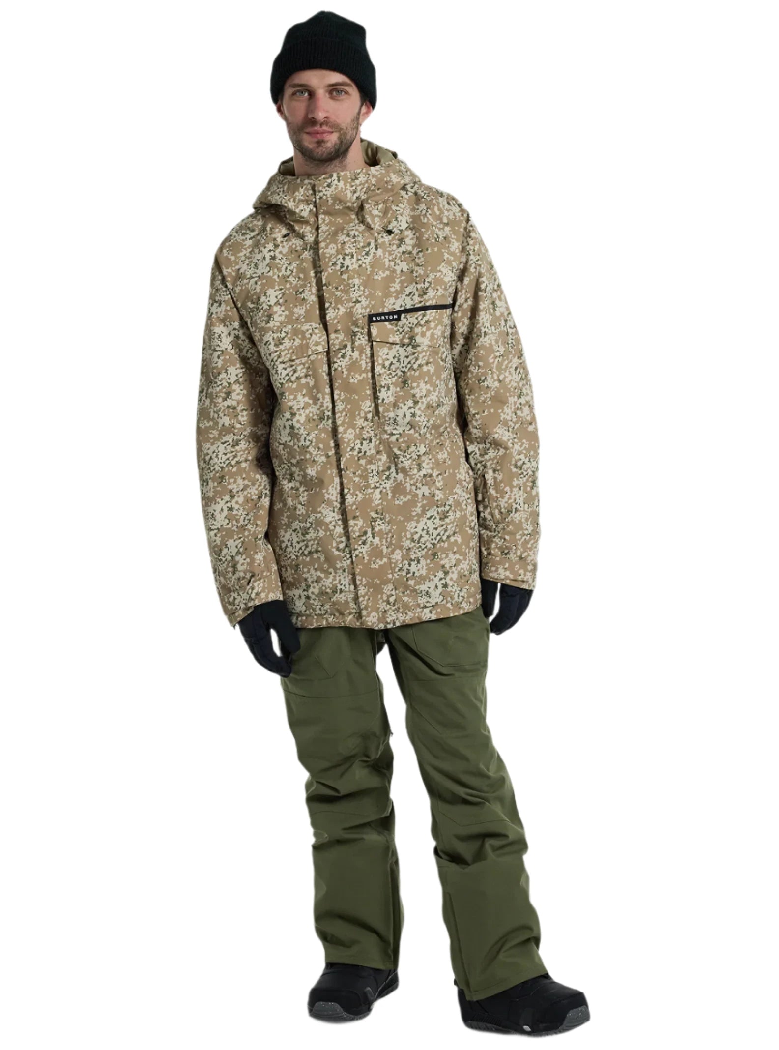 Burton Covert 2.0 2L Insulated Jacket 2025 - A tan jacket with a black and white snowflake pattern, featuring a hood and zippered pockets.