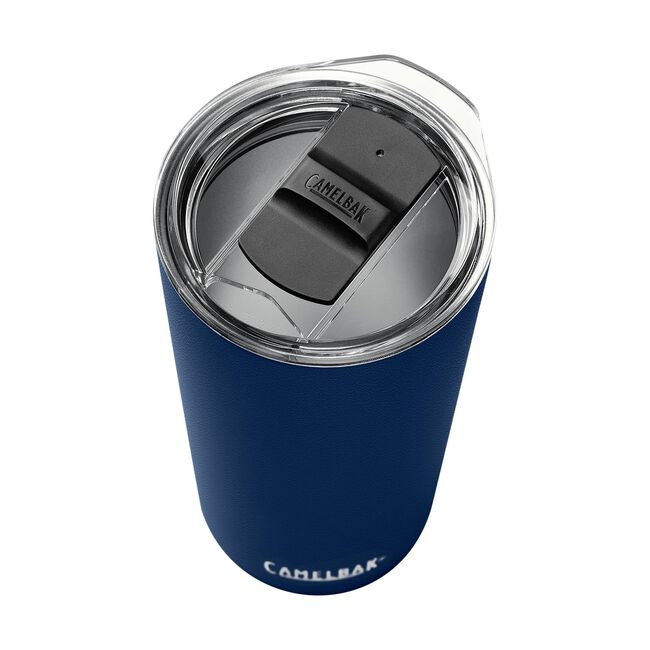 CamelBak Horizon Tumbler 20 Oz 2022 - A navy blue tumbler with a clear lid and black handle.