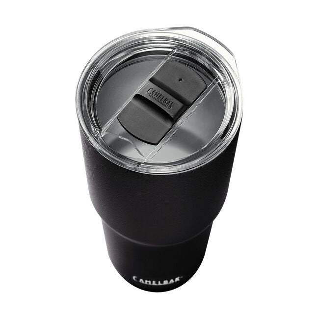 CamelBak Horizon Tumbler 30 Oz 2022 - A black tumbler with a clear lid and a handle on one side.