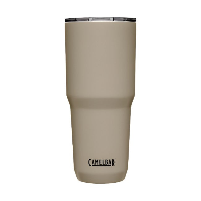CamelBak Horizon Tumbler 30 Oz 2022 - A tan tumbler with a clear lid and black writing on the side.