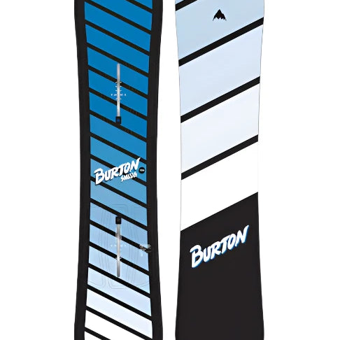 Burton Junior's Smalls Snowboard 2025 - A blue snowboard with black stripes and a white logo on top.