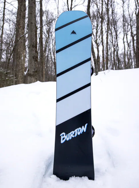 Burton Junior's Smalls Snowboard 2025 - A light blue snowboard with black stripes and a small logo at the top.