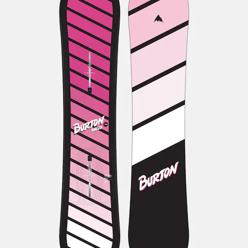 Burton Junior's Smalls Snowboard 2025 - A pink snowboard with black stripes and a small logo at the top.