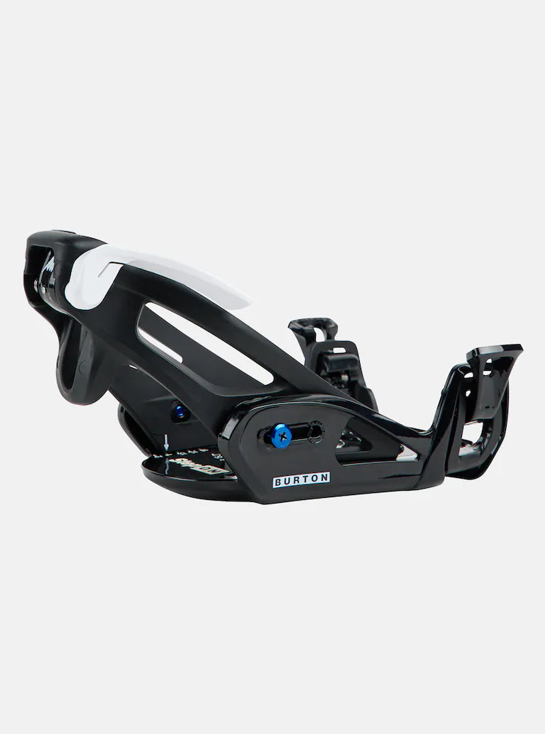Burton Junior's Grom Step On Snowboard Bindings - Black bindings with white accents and a blue screw on the front.