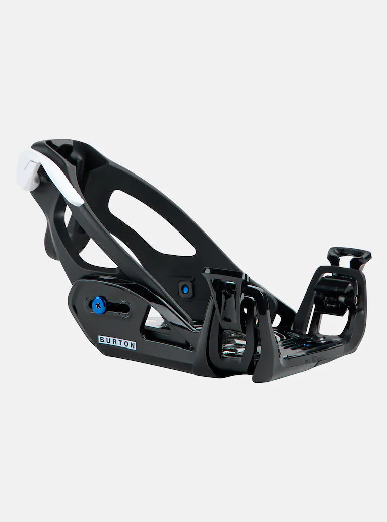 Burton Junior's Grom Step On Snowboard Bindings - Black bindings with white accents and blue screws.