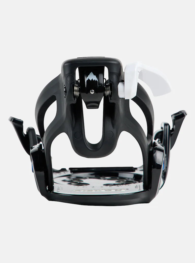 Burton Junior's Grom Step On Snowboard Bindings 2025 - Black bindings with silver buckles and straps on a white background.