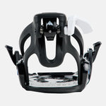Burton Junior's Grom Step On Snowboard Bindings 2025 - Black bindings with silver buckles and straps on a white background.