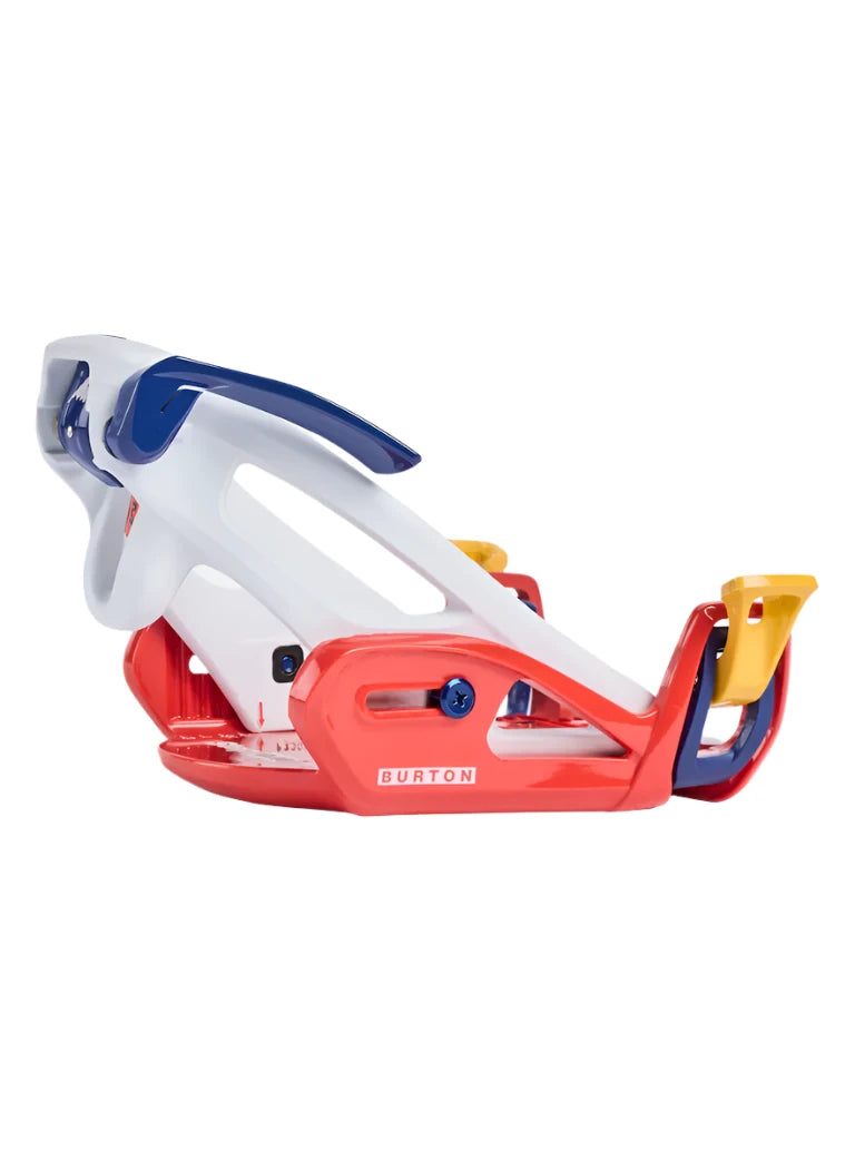 Burton Junior's Grom Step On Snowboard Bindings 2025 - A pair of snowboard bindings with a predominantly white base and blue accents on the straps.